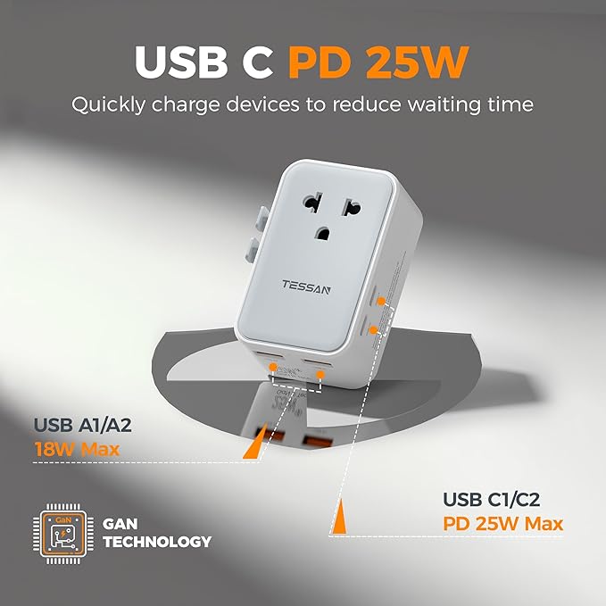 TESSAN Universal Travel Adapter PD 25W, Ultra Thin International Power adapter Fast Charger, Worldwide Plug Adaptor with 2 USB A 2 USB C for US to European UK Australia Ireland (Type C G A I)