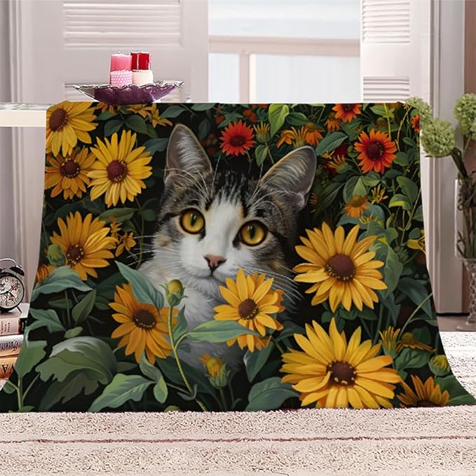 Cats Print Throw Blanket, Fleece Blanket for Couch Bed Sofa, Daisy Flowers Blankets and Throws, Pet Animal Super Soft Cozy Plush Flannel Blanket, 50 x 60 in, Yellow Sunflower