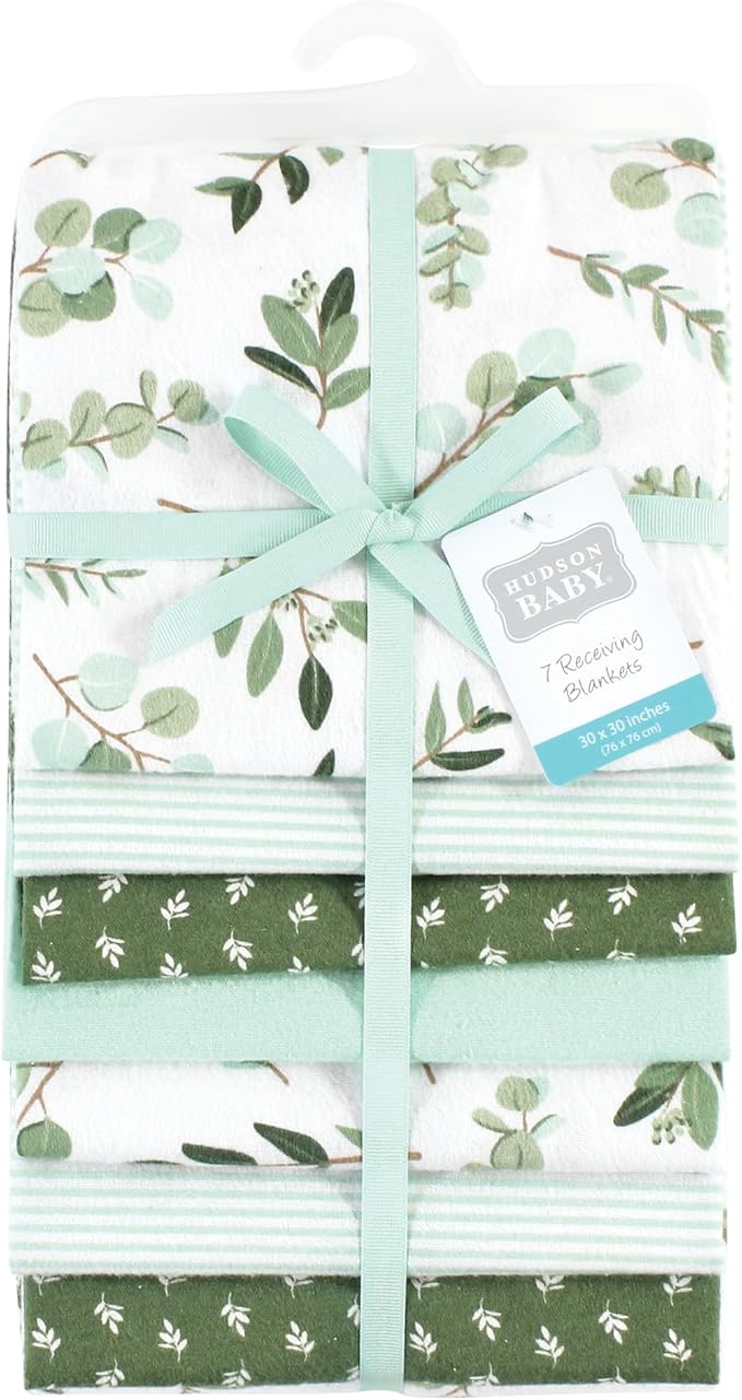 Hudson Baby Unisex Baby Cotton Flannel Receiving Blankets Bundle, Eucalyptus, One Size