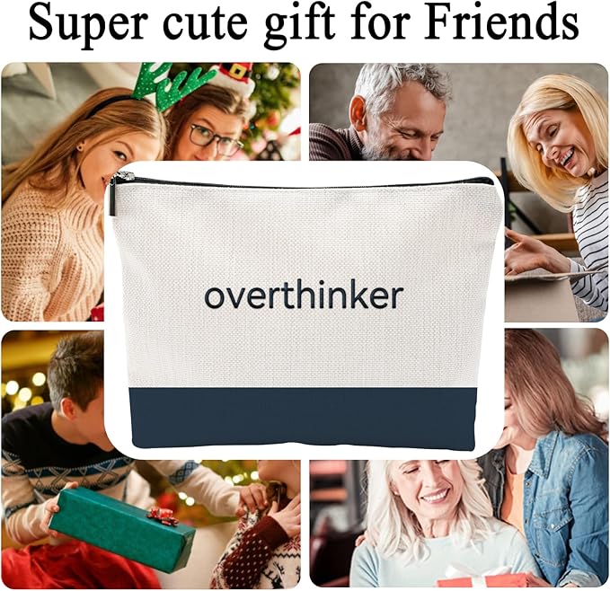 Funny Makeup Bag for Women - overthinker Relatable Quote Pouch - Minimalist Navy Blue Color Block Canvas Cosmetic Organizer - Unique Gift for Best Friend, Introverts & Mental Health Awareness