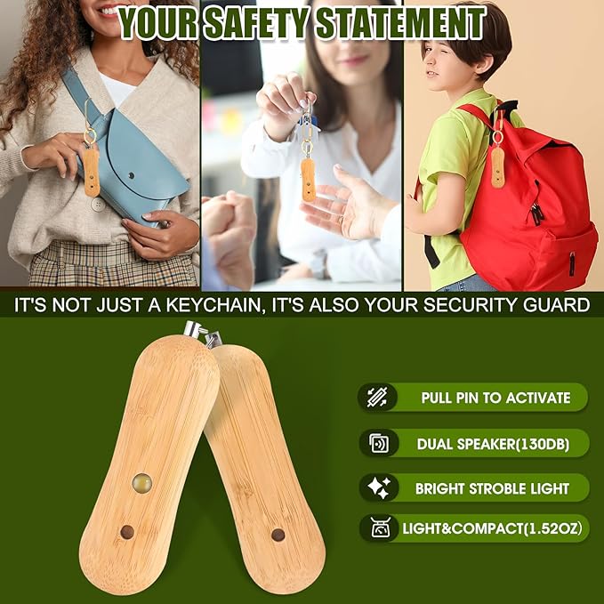 Personal Safety Alarm,Self Defense Keychain,Gifts for Girls,Strobe Light,Rechargeable Portable,Emergency Safety Alarm for Women, Men, Children, Elderly（Wooden）