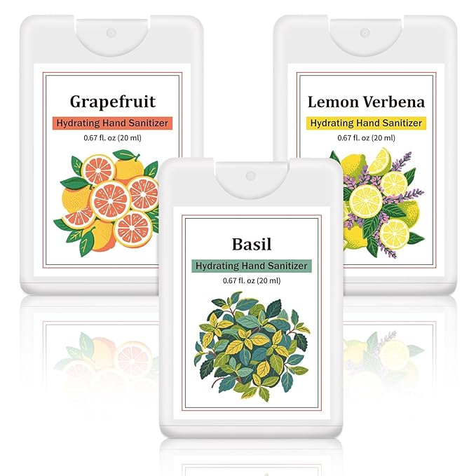 Set of 3 Power Mist Hydrating Hand Sanitizer Spray Bulk Travel Size Moisturizing Hand Sanitizer 0.67 Fl. oz Compact Card Spray Bottle Grapefruit Lemon Verbena Basil for Personal Use Friend Gift