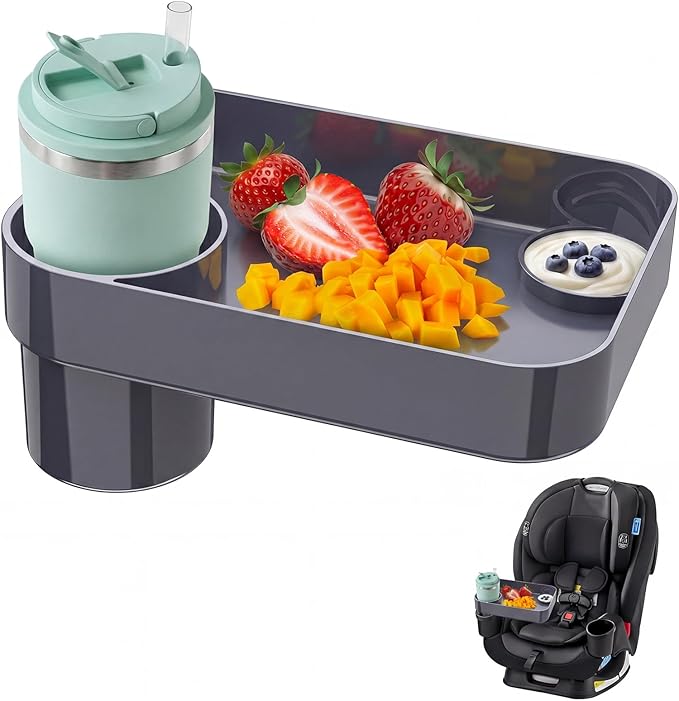 Toddler Car Seat Snack Tray - 3 Inch Cup Holder with Dip Well Fits Most Sippy Cups & Straw Bottles, Mess-Free Square Kids Travel Tray Road Trip Essentials, Dark Grey