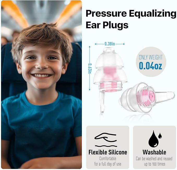 Kids Ear Plugs (6yrs +) with Cord, Reusable Airplane Ear Pressure Relief Earplug for Child Adult with Small Ear-canals, Ear Protection for Focus, Travel, Anxiety Stress, School, 25 dB Noise Reduction