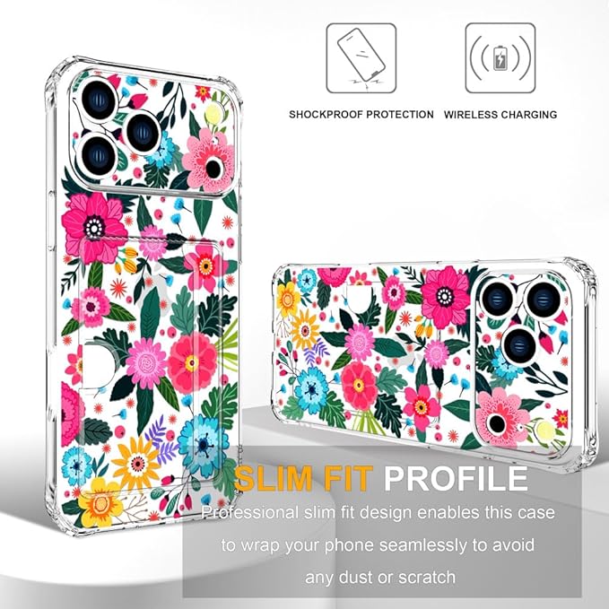 Compatible with iPhone 17 Pro Max Case Card Holder for Women Cute Design,Wallet Phone Cases Transparent Cool Kawaii Protective (Clear Floral Spring Blossom)