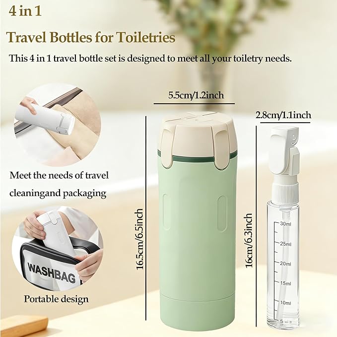 4 in 1 Travel Dispenser Bottle Travel Bottle Dispenser for Toiletries TSA Approved Leakproof with 4 Pack 30Ml Travel Size Pump Bottles & Labels, Suitable for Lotion Shampoo Conditioner Cream