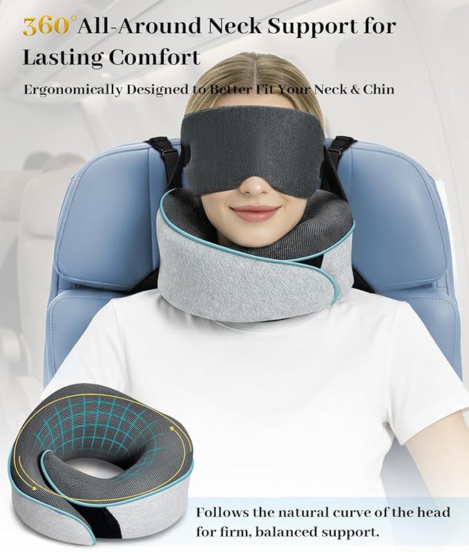 Travel Pillow for Long Flight Airplanes, Head Strap Combo & Eye Mask for Sleep, Airplane Neck Pillow with 360° Support Memory Foam to Prevent Head Bobbing, Road Trip Essentials, EVA Case, Light Grey