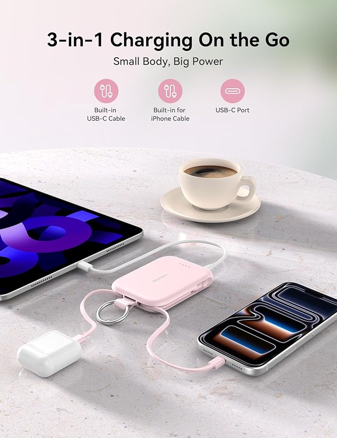 RORRY Portable Charger, 5000mAh Portable Charger Power Bank with Built-in Cables, Travel Keychain Charger Battery Pack for iPhone 17/16/15/14/13/12, for AirPods 2/3/4/Pro, Blue