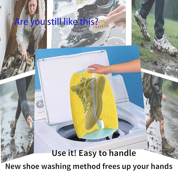 Shoe Washing Machine Bag 2 Pack with YKK Anti-Back Zipper, 360° Deep Clean Chenille Microfiber Shoe Laundry Bags for Washer & Dryer, Reusable Sneaker Washing Bag, Yellow