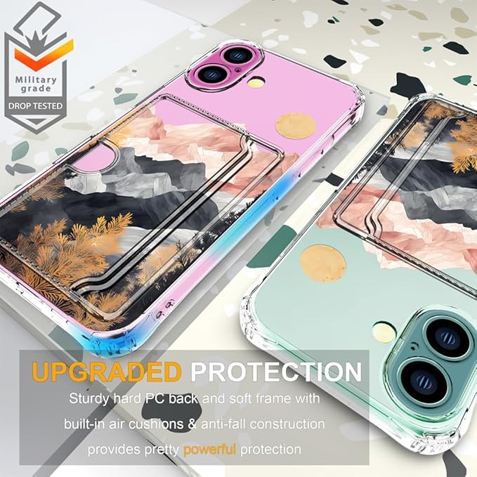 Compatible with iPhone 17 Case Card Holder for Women Cute Design,Wallet Phone Cases Transparent Cool Kawaii Protective (Clear Mountain Hill Landscape)