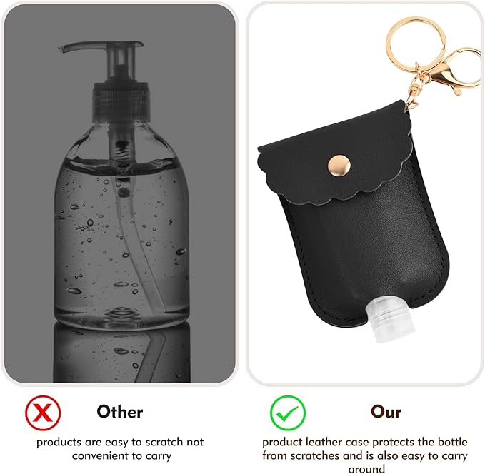 2Pcs Reusable Hand Sanitizer Holder, Portable Leather Leakproof Hand Sanitizer Keychain for Travel Outdoor (Grey+Black)