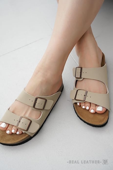 Project Cloud 100% Genuine Leather Flat Sandals For Women 2026 Cork Footbed Womens Sandals with Memory Foam and arch support Vacation Essentials Slides for Women Footwear (Venita)