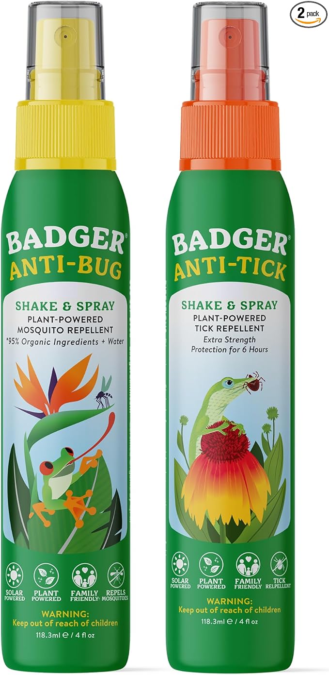 Badger Bug Spray & Tick Spray Combo Pack, Family Friendly All Natural Mosquito and Tick Repellents with Organic Essential Oils, Great Smelling, Plant Based, Deet-Free, Vegan, 4 fl oz, 2-Pack