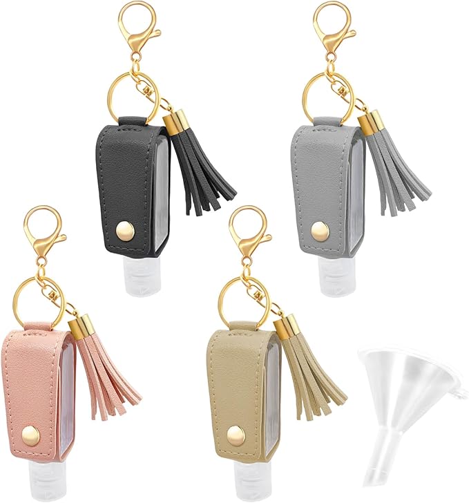 4 Pack Portable Travel Hand Sanitizer Keychain Holder with Funnel, Small Leather Empty Travel Size, 30ml Mini Hand Sanitizer with Refillable Bottle for Toiletry Shampoo Lotion Liquid Soap