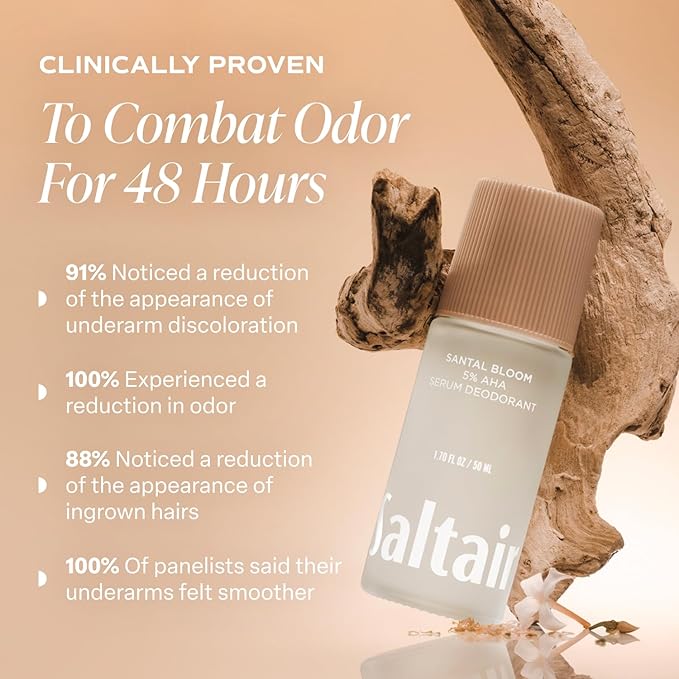 Saltair Serum Deodorant 2 Pack – Santal Bloom Scent – 5% AHA – Aluminum-Free Odor Control for Women & Men – Mandelic Acid Deodorant with Lactic Acid – 2x 1.7oz Travel Roll On