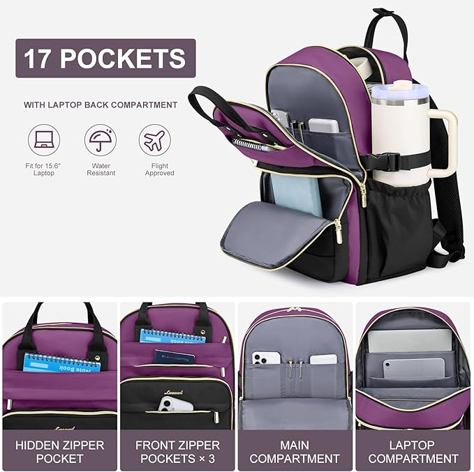 Women Laptop Backpack College Bookbag: 15.6 inch Backpacks with Pouch Pocket for Large Capacity Cup Travel Waterproof Book Bag Anti-theft Casual Work Bookbags for Teacher Nurse Black Purple