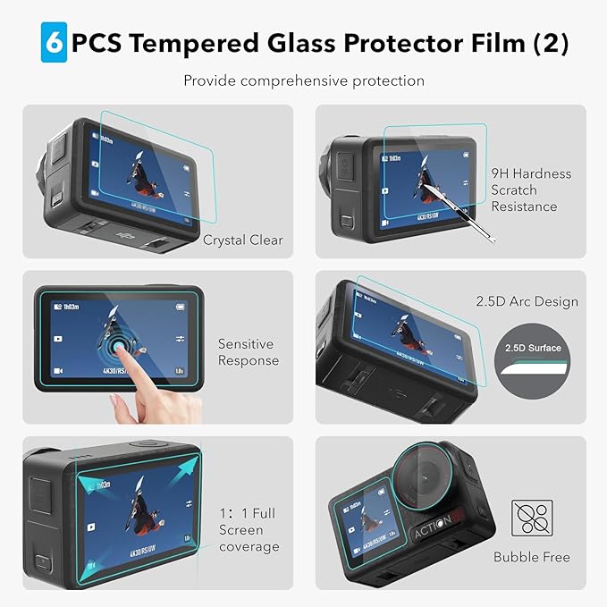 OSMO Action 5 Pro Accessories, PU Portable Mini Carrying Bag Case, Lens Screen Protectors (6 Pack) Comatible with DJI Osmo Action 5 Pro, Rubber Lens Cap Cover for DJI Action Camera