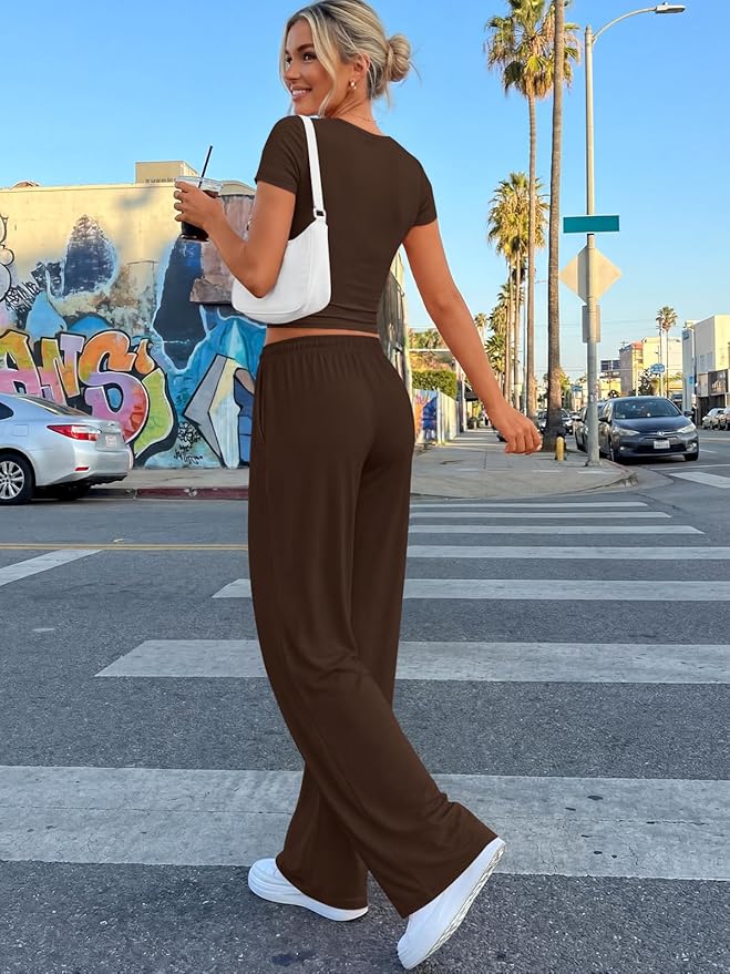 Trendy Queen 2 Piece Matching Summer Lounge Set Womens Side Ruching Top Wide Leg Pants Sets with Pockets
