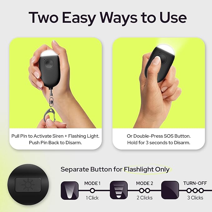 Weten Rechargeable Personal Alarm Keychain - 130dB Siren & LED Light - 2 Pack Personal Safety Alert for Women to Carry - Panic Button Alarm for Security - Rape Whistle for Self Defense (Black&Pink)