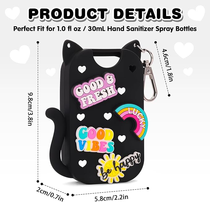 Silicone Case Holder Compatible with Hand Sanitizer Spray Touchland 1 fl oz, Cute Cat Ear Protective Case with Keychain & 4 Decorative Charms (Black, 1P)