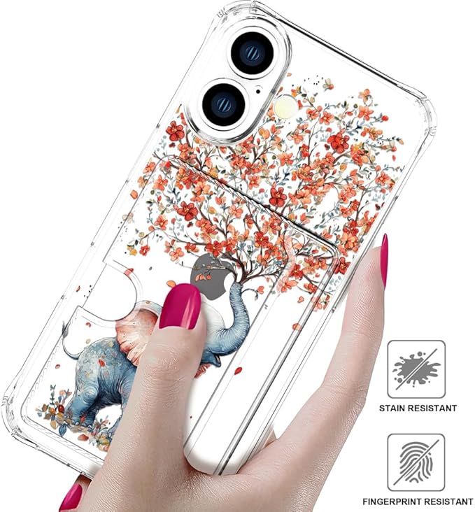 Compatible with iPhone 16 Plus Case Card Holder for Women Cute Design,Wallet Phone Cases Transparent Cool Kawaii Protective (Clear Elephant Creating Flowers)