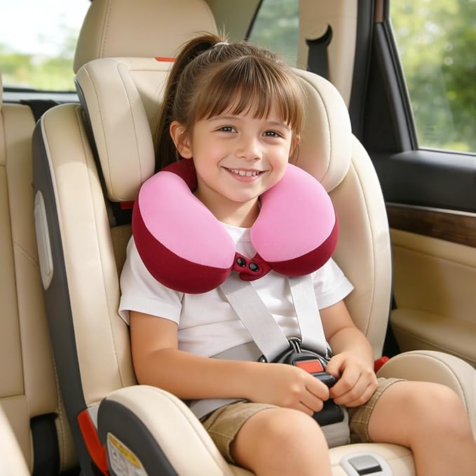 COOLBEBE Kids Travel Neck Pillow, Softly Double Support Travel Pillow for Car & Airplane, Traveling Gifts for Toddler & Children, Breathable Fabric, Raspberry Powder