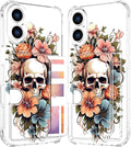 Compatible with iPhone 17 Case Card Holder for Women Cute Design,Wallet Phone Cases Transparent Cool Kawaii Protective (Clear Skull & Flowers)