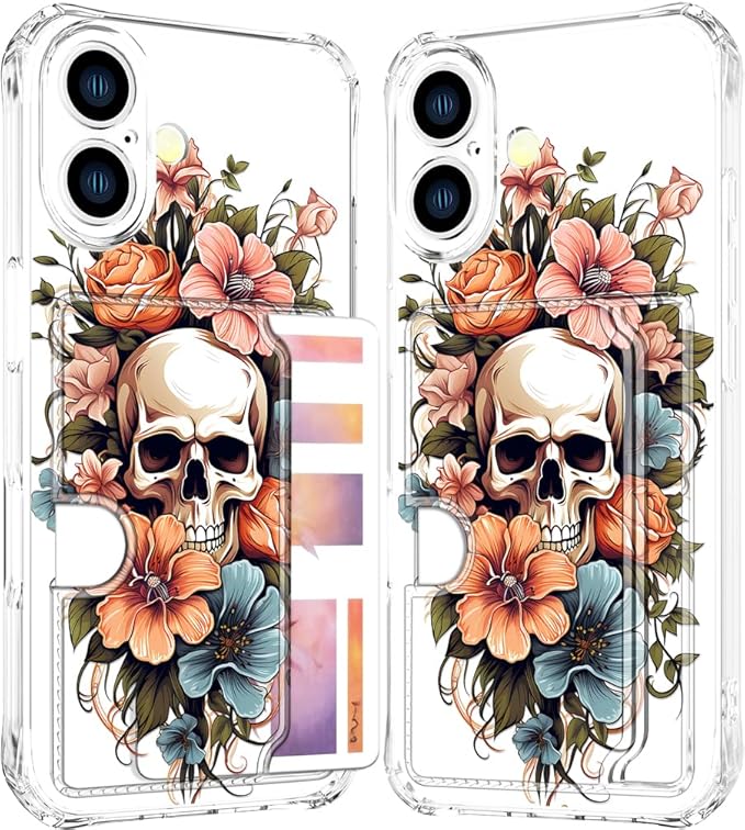 Compatible with iPhone 17 Case Card Holder for Women Cute Design,Wallet Phone Cases Transparent Cool Kawaii Protective (Clear Skull & Flowers)