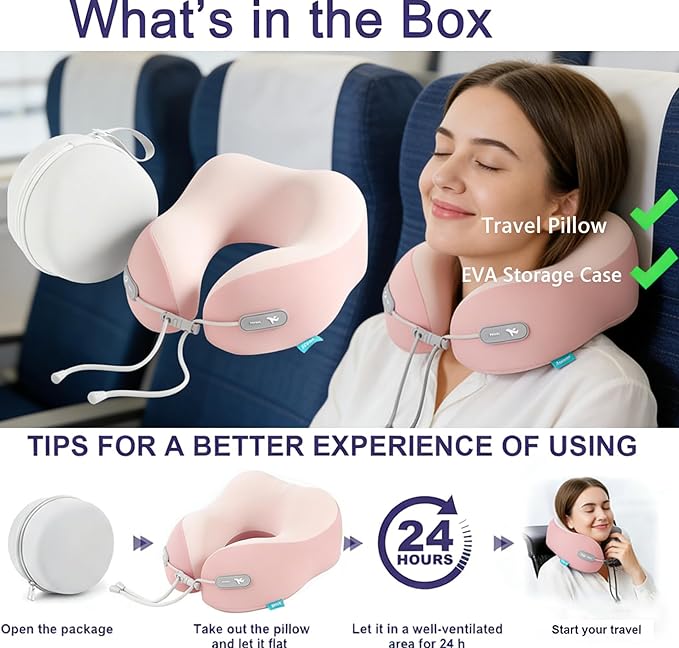 Ergonomic Memory Foam Travel Pillow with EVA Hard Case, Supportive Neck Pillow for Airplane & Long Flights, Cooling Washable Cover, Compact Travel Essential (Pink)