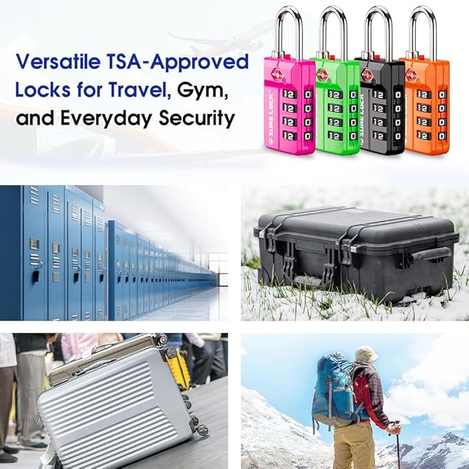 SURE LOCK TSA Approved 4-Digit Resettable Combination Luggage Locks with Open Alert, Easy-Read Dials - for Luggage, School Lockers, Gym, Office, Toolbox & Security Cases(Green 4 Pack)