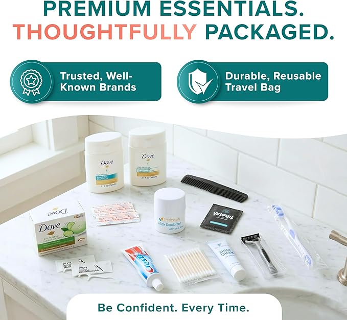 TrekTote Bulk 15 Piece Hygiene Kits for Distribution & Travel, TSA Toiletries Kit, Mini Shampoo, Toothbrush, Deodorant, Soap, Razor, Individually Packaged in Case Pack of 50