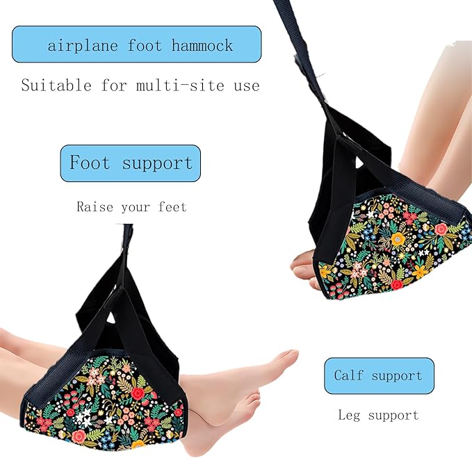 Airplane Foot Hammock for Plane Travel Ajustable Foot Rest for Plane Comfort Sling Airplane Gadgets for Adult Long Fling,Plane Travel Essentials (Flower)