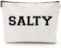 Funny Makeup Bag for Women - "SALTY" Sassy Cosmetic Pouch - Preppy Varsity Letter Style Travel Toiletry Organizer - Cute Beige Canvas Zipper Clutch for Beach Vacation, College Dorm & Best Friend Gift