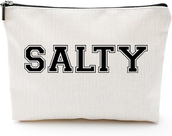 Funny Makeup Bag for Women - "SALTY" Sassy Cosmetic Pouch - Preppy Varsity Letter Style Travel Toiletry Organizer - Cute Beige Canvas Zipper Clutch for Beach Vacation, College Dorm & Best Friend Gift