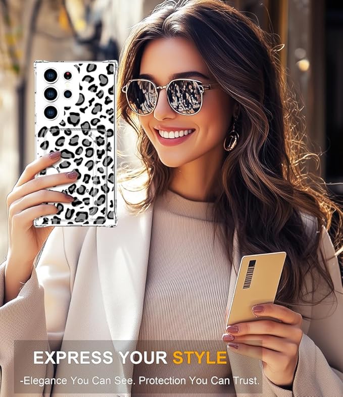 Compatible with Samsung Galaxy S24 Ultra Case Card Holder for Women Cute Design,Wallet Phone Cases Transparent Cool Kawaii Protective (Clear Leopard Cheetah Design)