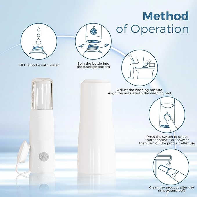 Portable Electric Bidet for Travel, Rechargeable Handheld Bidet with 3 Water High Pressure Sprayer Levels, Adjustable Nozzle, IPX7 Waterproof, Perfect for Personal Hygiene, White