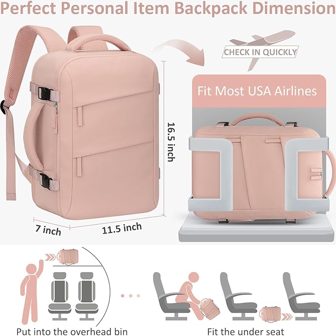 Tenot Carry on Backpack for Women TSA Approved 15.6 Inch Travel Laptop Backpack for Women Travel Essentials Womens Travel Backpack Suitcase Pink