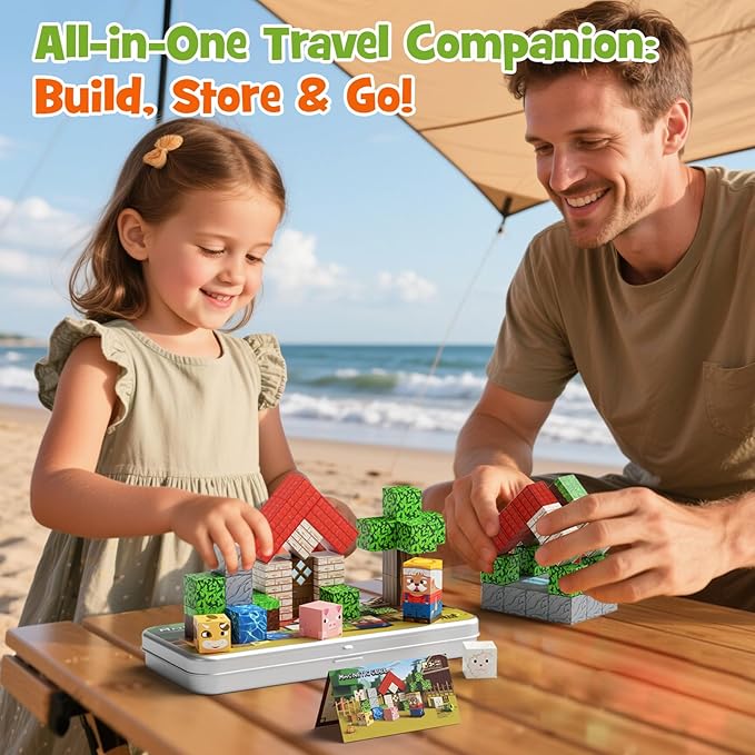 Mini Magnetic Blocks Farm Animals Travel Toys, 35PCS Portable STEM Magnetic Building Cubes with Metal Storage Box for Kids Ages 4-8, Road Trip & Airplane Essentials