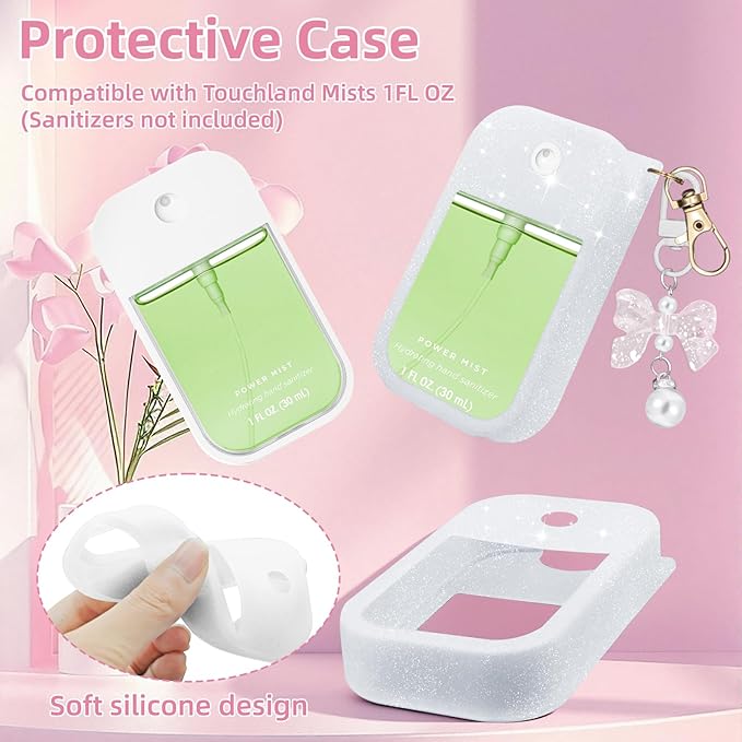 Silicone Case Compatible with Touchland Hand Sanitizer Spray Mist 1 oz with Bow Keychain