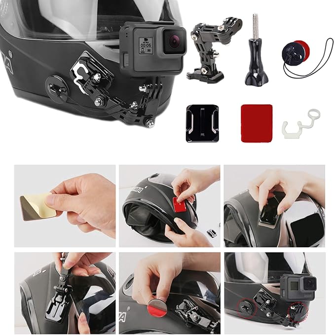 34in1 Motorcycle Helmet Chin+Top+Side Mount Kit for GoPro Hero 13 12 11 10 9 8 7 Black Silver White 6 Osmo and Other Action Camera with Adhesive Sticky Mount and Buckle, Extra Camera Tether