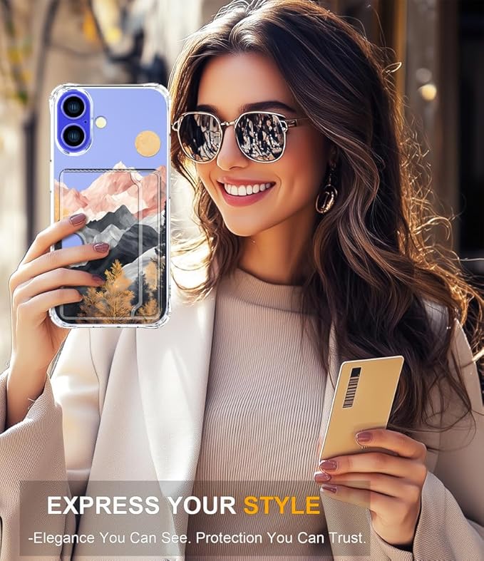 Compatible with iPhone 17 Case Card Holder for Women Cute Design,Wallet Phone Cases Transparent Cool Kawaii Protective (Clear Mountain Hill Landscape)