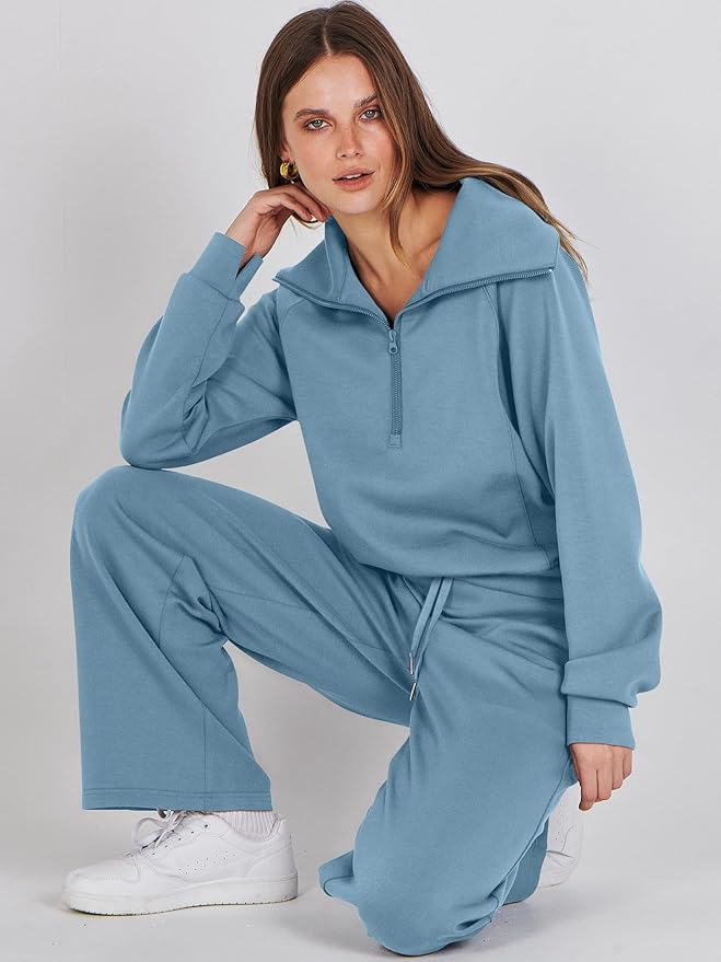 ANRABESS Women 2 Piece Outfits 2025 Fall Fashion Airport Wide Leg Pants Lounge Set Leisure Travel Vacation Clothes Sweatsuits