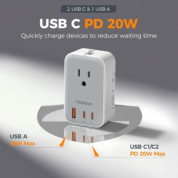TESSAN Universal Travel Adapter PD 20W, Ultra Thin International Power Adapter 2 USB C 1 USB A, Worldwide Power Plug Adaptor for USA to European UK Italy Ireland New Zealand (Type C/G/A/I), Grey