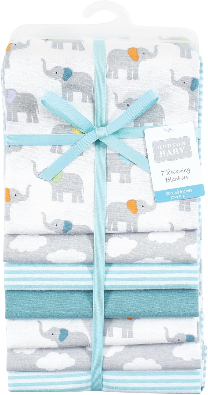 Hudson Baby Unisex Baby Cotton Flannel Receiving Blankets Bundle, Teal Elephant, One Size