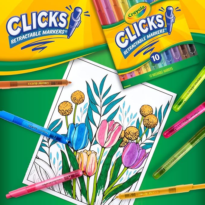 Crayola Clicks Retractable Tip Markers (10ct), Washable Cone Tip Art Marker Set, School Classroom & Craft Supplies for Coloring Books, Ages 3+