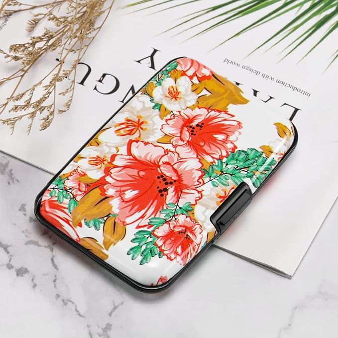 ELFISH Mini RFID Aluminum Wallet Credit Cards Holder Business Card Case Metal ID Case for Men Women(Flower22)