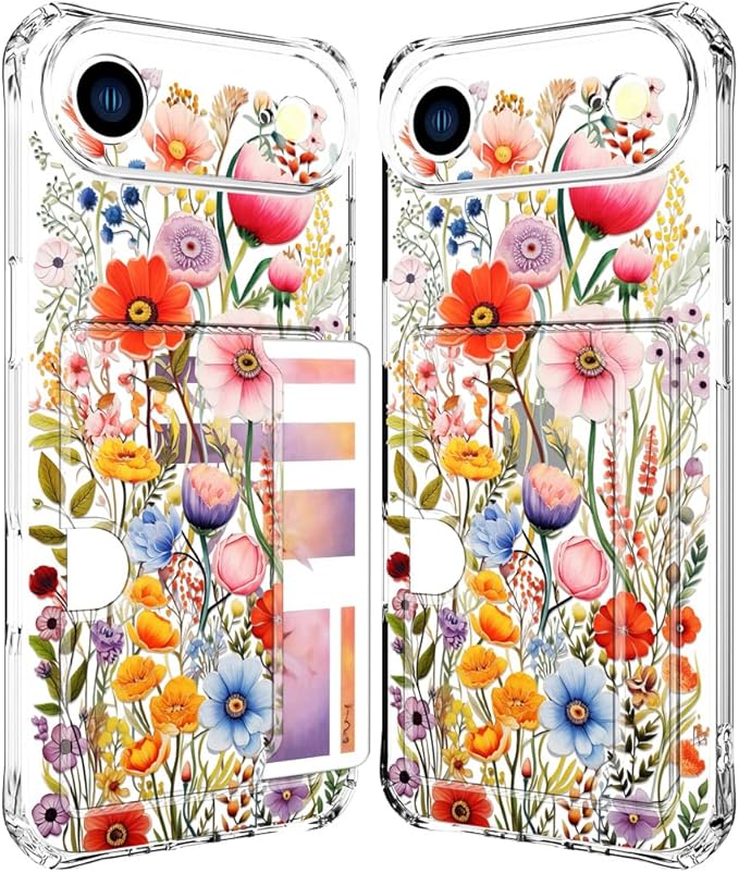 Compatible with iPhone 17 Air Case Card Holder for Women Cute Design,Wallet Phone Cases Transparent Cool Kawaii Protective (Clear Flowers Lily Girly Florals)