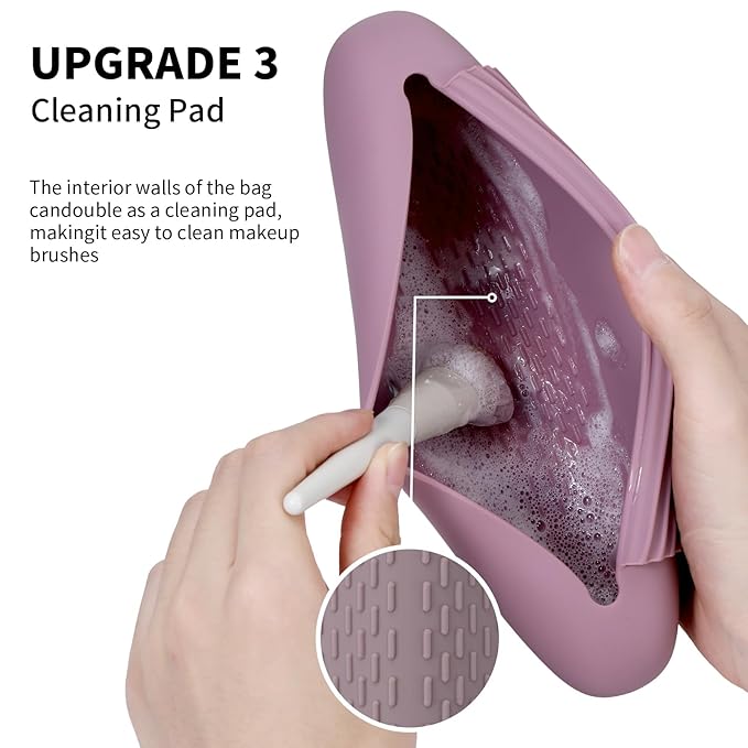 AGIKET Silicone Makeup Brush Holder Travel Cosmetic Bag：Soft Portable Cosmetic Face Brushes Holder with Upgrade Anti-Fall Out Magnetic Closure, Large Travel Makeup Brush Case - Light Purple