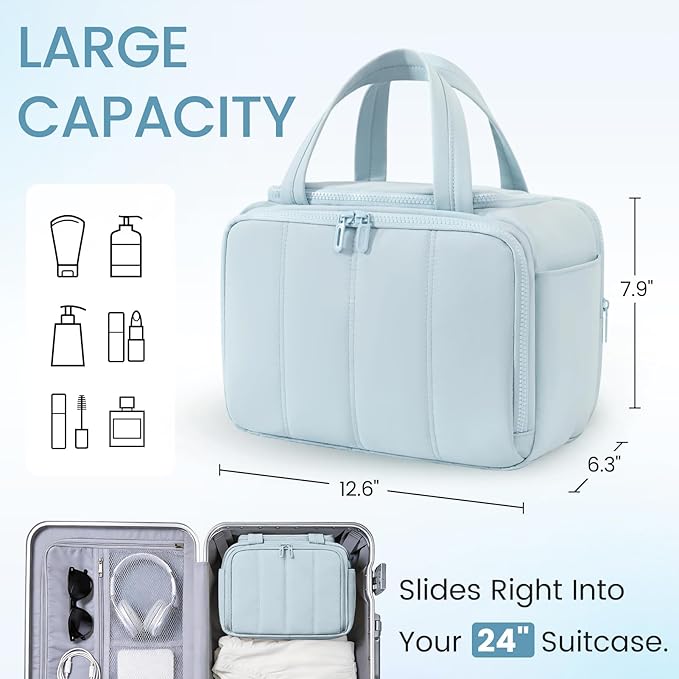 Wide Opening Toiletry Bag for Women,Travel Makeup Bag with Mesh Pocket,Cosmetic Travel Organizer with Wet Dry Separation,Toiletries Bag,Blue