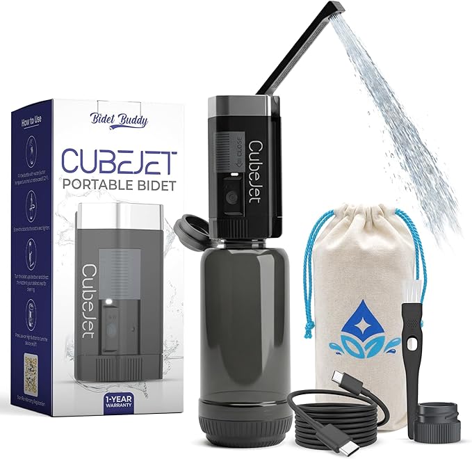BIDET BUDDY® CubeJet Portable Bidet for Travel - 380ml Bottle, 1100mAh Rechargeable Battery, IPX6 Waterproof Wand-Style Nozzle, USB-C High-Pressure Hygiene Device for Camping & Home